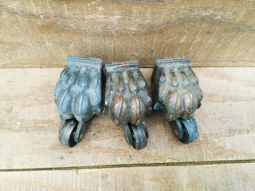 Three Antique Lion Claw Foot Bronze  / Brass Furniture Castors Swivel Wheels