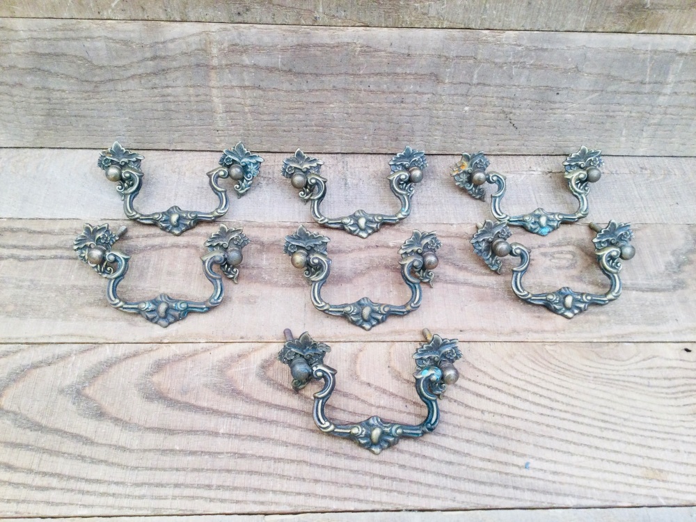7 Vintage Brass Drawer Pull Swing Handles Ornate Decorate Arts Craft Style