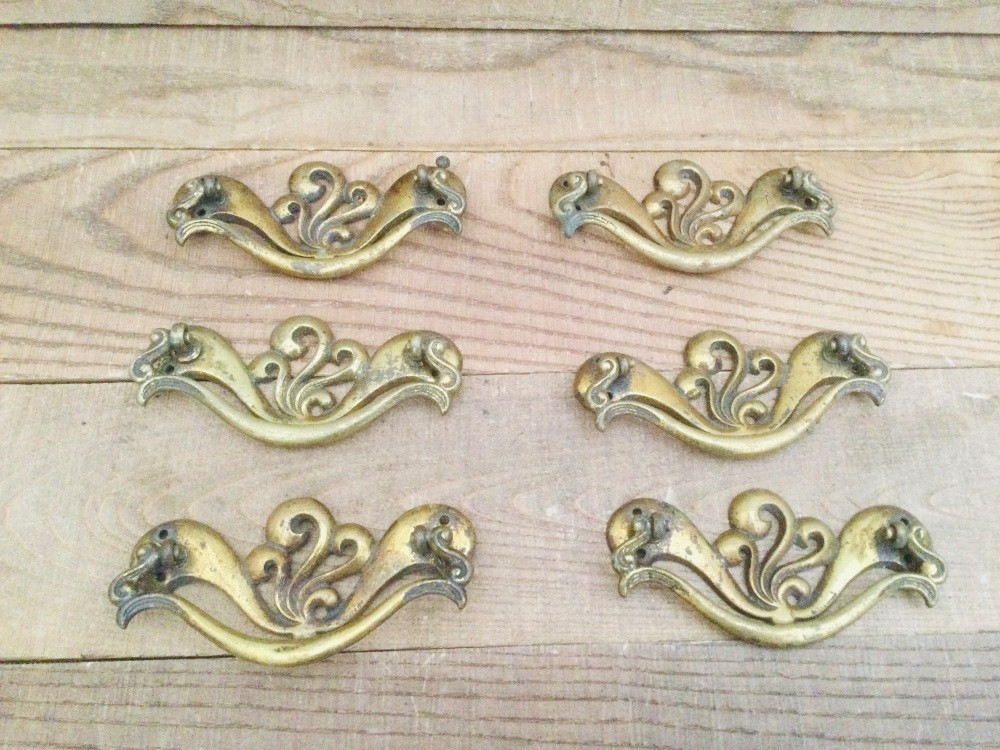 Vintage Six Brass Cabinet Furniture Drawer Pull Drop Handles