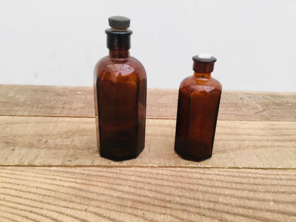 Two Vintage Milton Octagonal Pharmaceutical Amber Glass Bottles & Stoppers