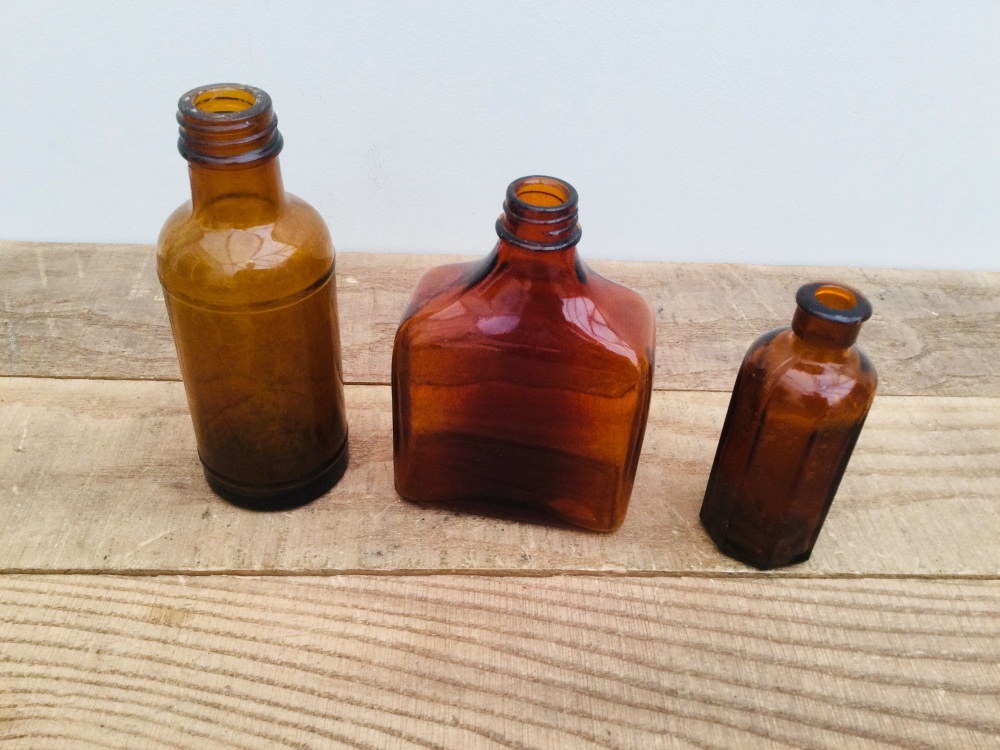 Three Vintage Medicine Pharmaceutical Amber Glass Bottles - Milton, Maclean