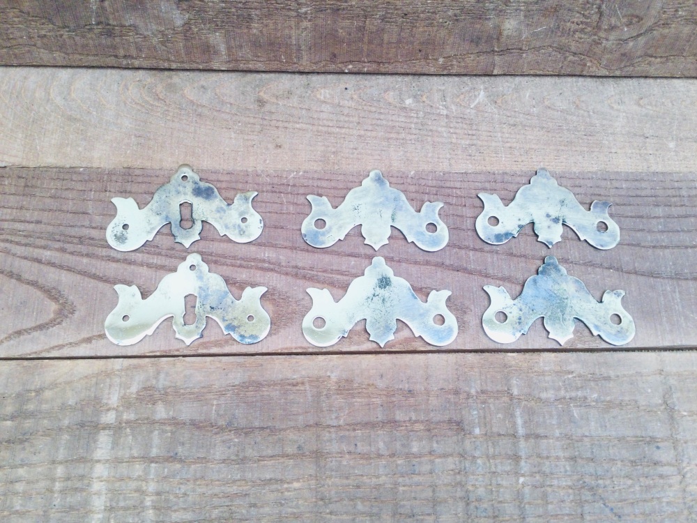 Six Vintage Reclaimed Brass Dresser Drawer Handle / Keyhole Escutcheon Plates