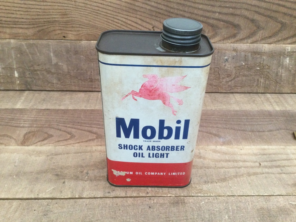 Vintage Mobil  Shock Absorber Oil Light Tin Can - approx 40% - 50% Full