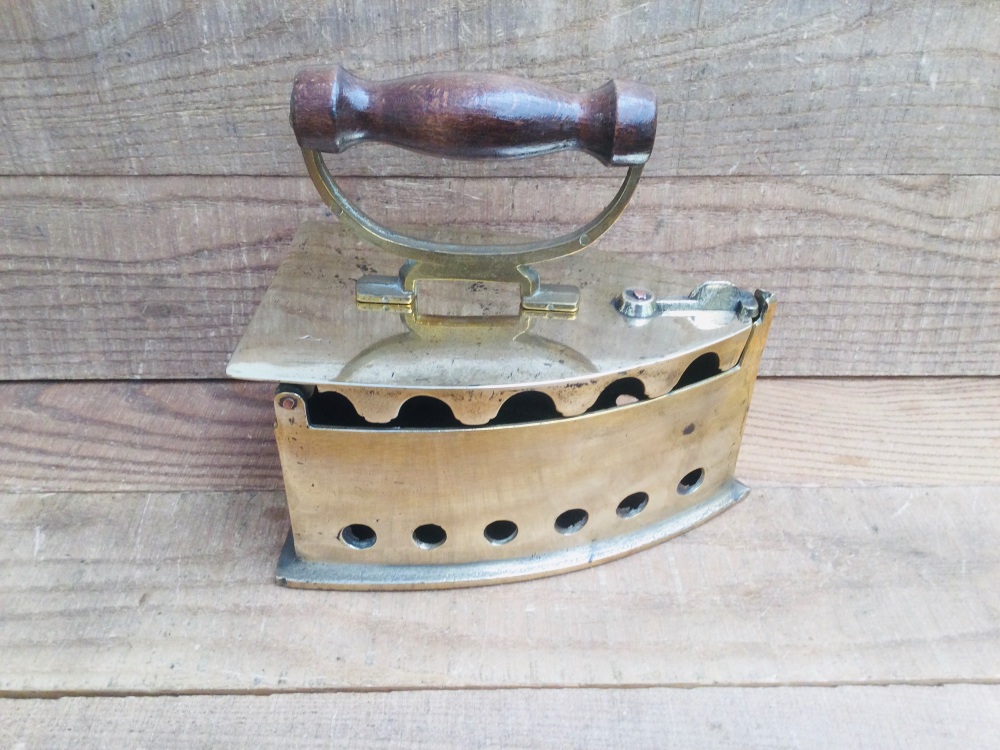 Decorative Brass Charcoal Flat Iron With Wooden Handle