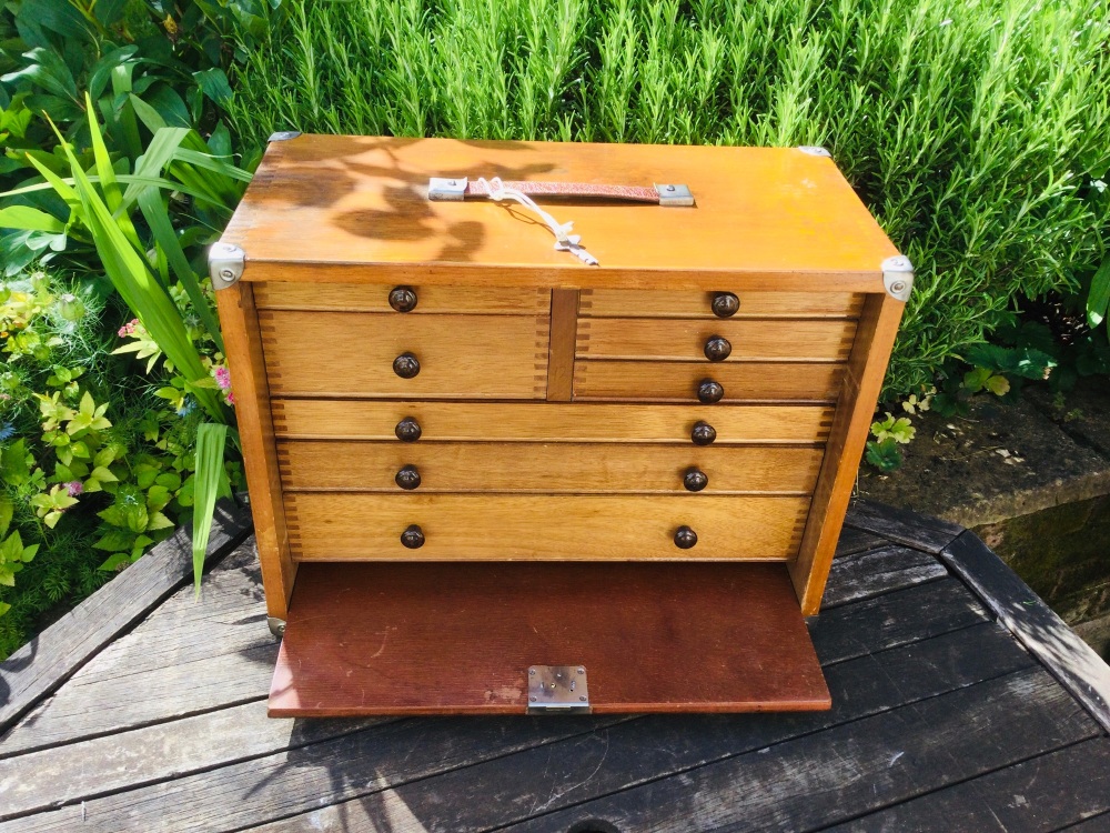 Vintage Wooden Engineers Wooden Tool Chest - Three Long & Five Short Draws