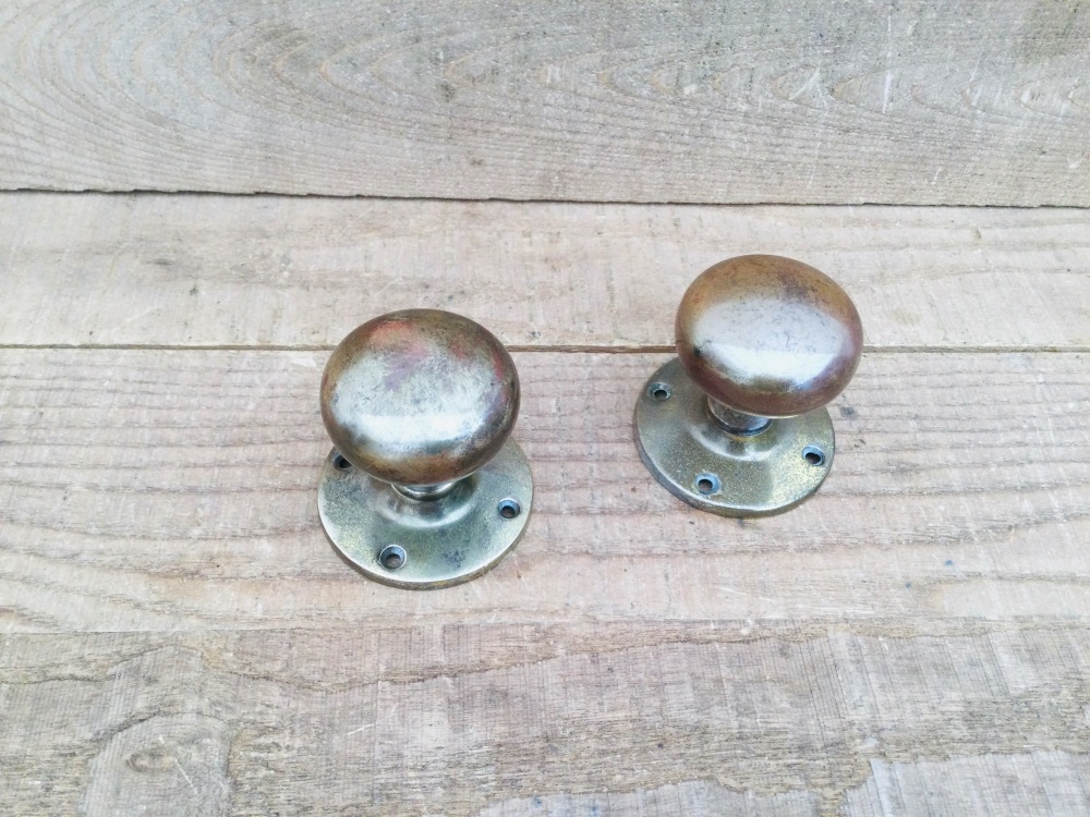Reclaimed Pair Of Vintage Solid Brass Round Door Knobs