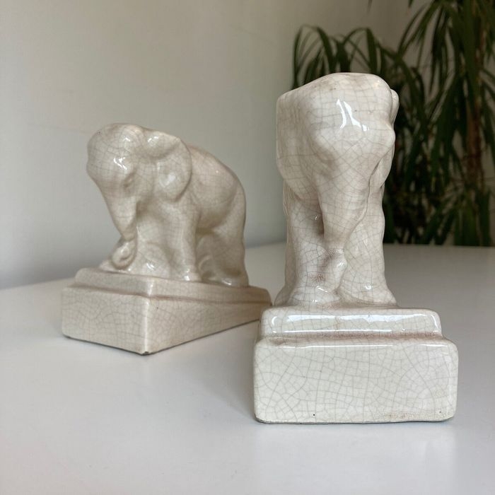 Antique Elephant Bookends RARE Creamy White Ceramic Crackle Glazed Modelled