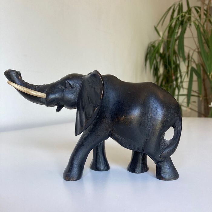 Wooden Elephant Hand Carved Dark Wood African Elephant Genuine Vintage