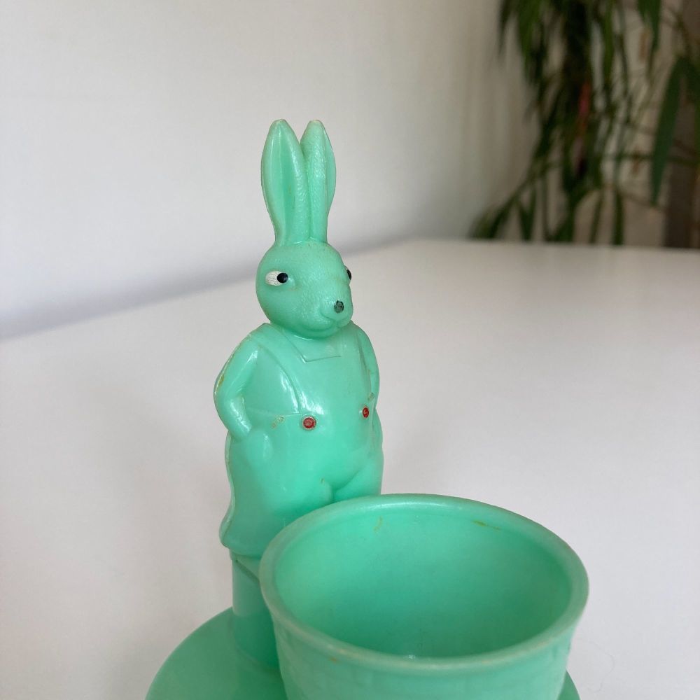 Bunny Rabbit Egg Cup Gantoy 1950s Green Plastic Very Rare Vintage Collectable