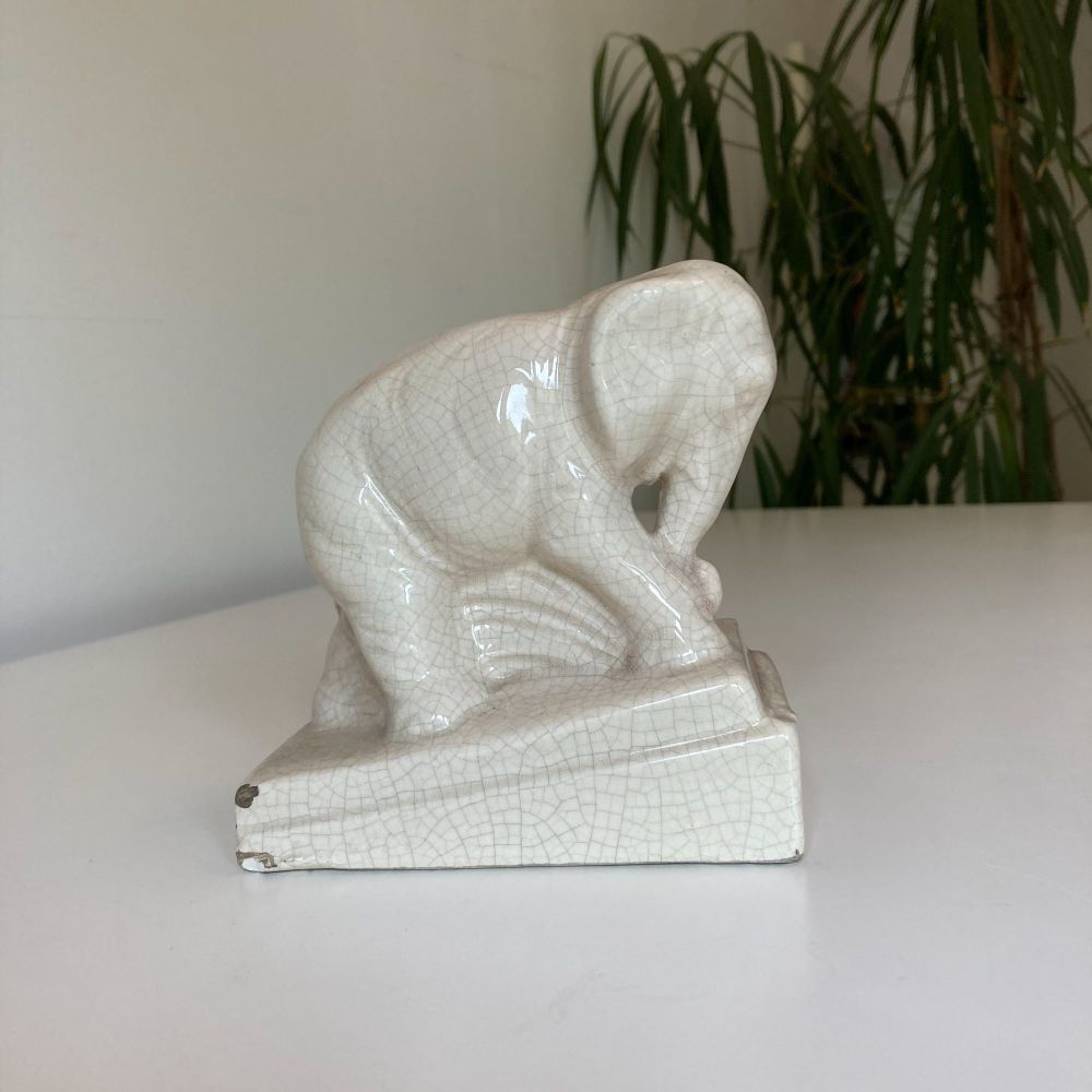 Antique Elephant Bookends RARE Creamy White Ceramic Crackle Glazed Modelled
