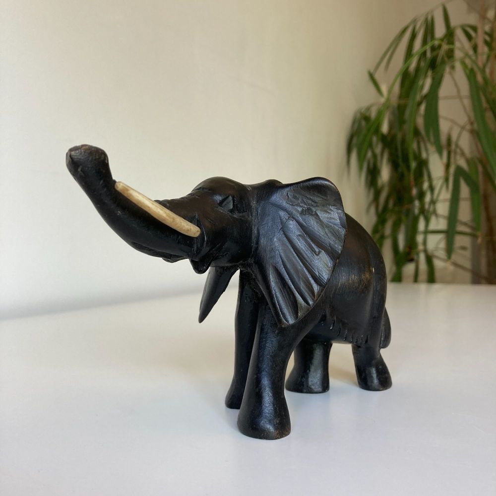 Wooden Elephant Hand Carved Dark Wood African Elephant Genuine Vintage