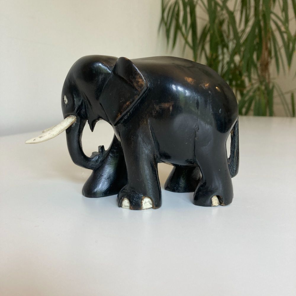 Hand Carved Wooden Elephant Victorian Dark Wood Genuine Vintage