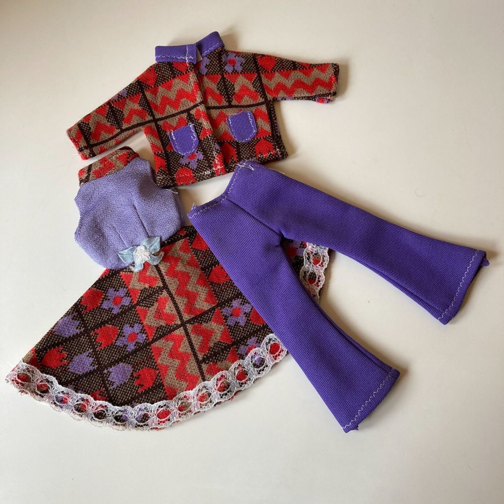 Vintage Handmade Sindy Sized Doll Patterned Dress, Trousers & Jacket 1970s