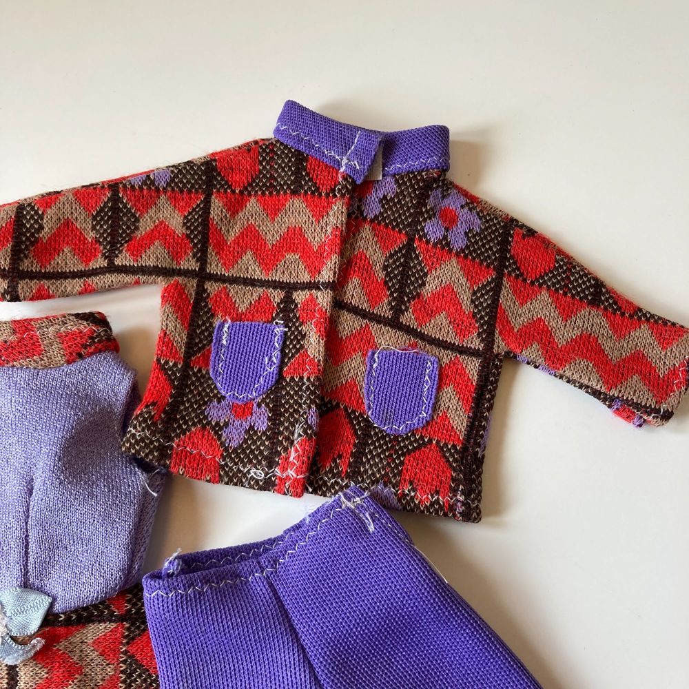Vintage Handmade Sindy Sized Doll Patterned Dress, Trousers & Jacket 1970s