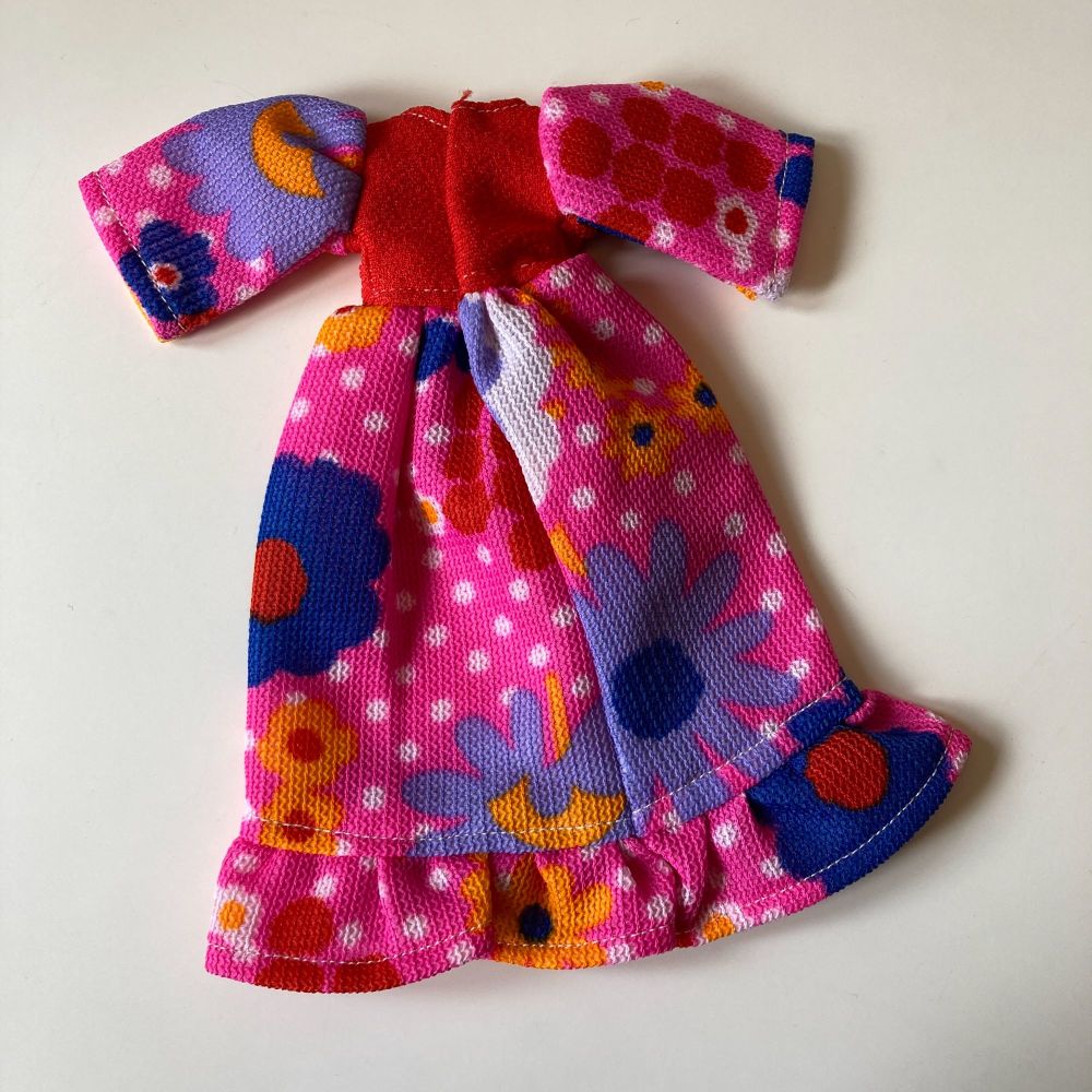 Vintage Handmade Sindy Sized Doll Pink Patterned Maxi Dress 1970s