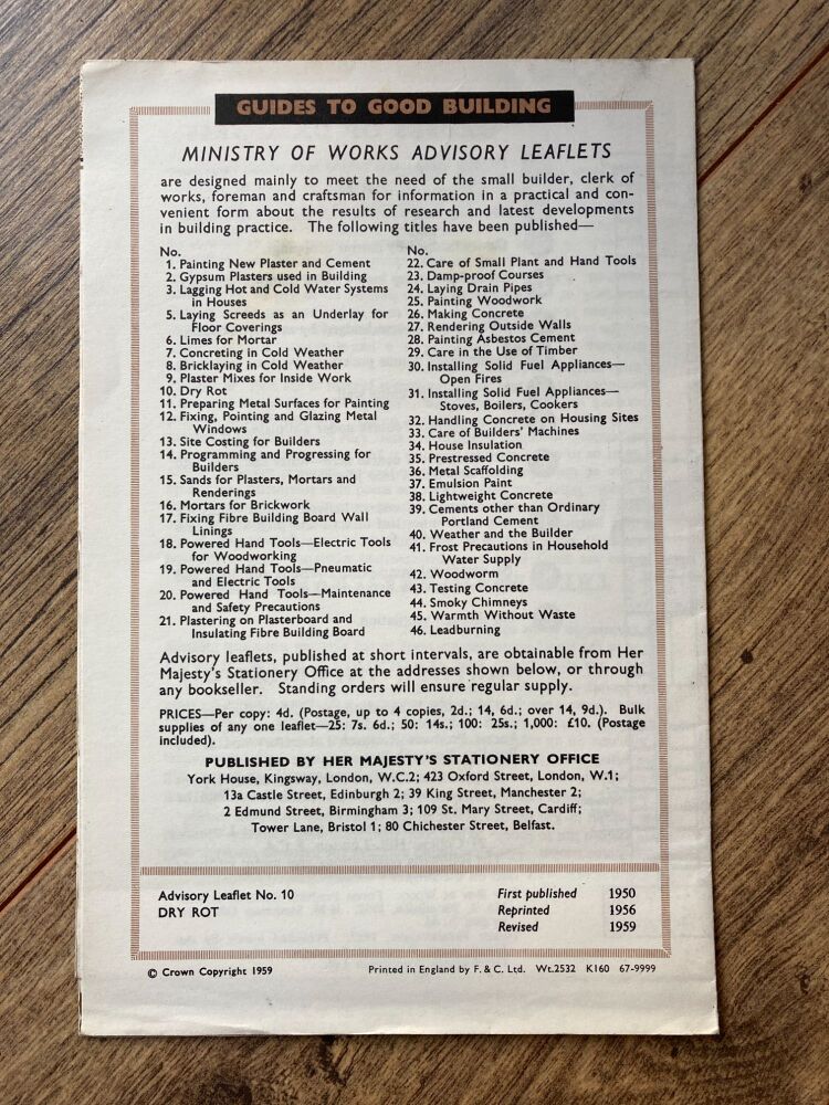 Dry Rot - Ministry Of Works Advisory Leaflet No.10. Guide to Good Building 1959