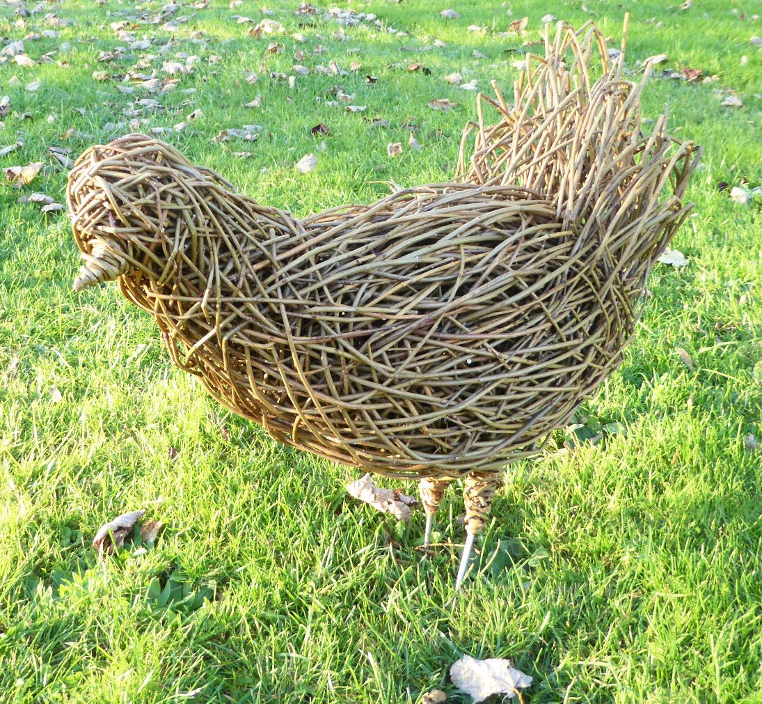 willow chicken with metal legs from front