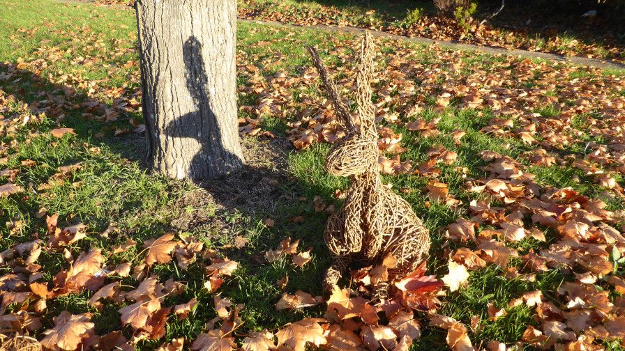 willow hare sculpture on leaves front view a