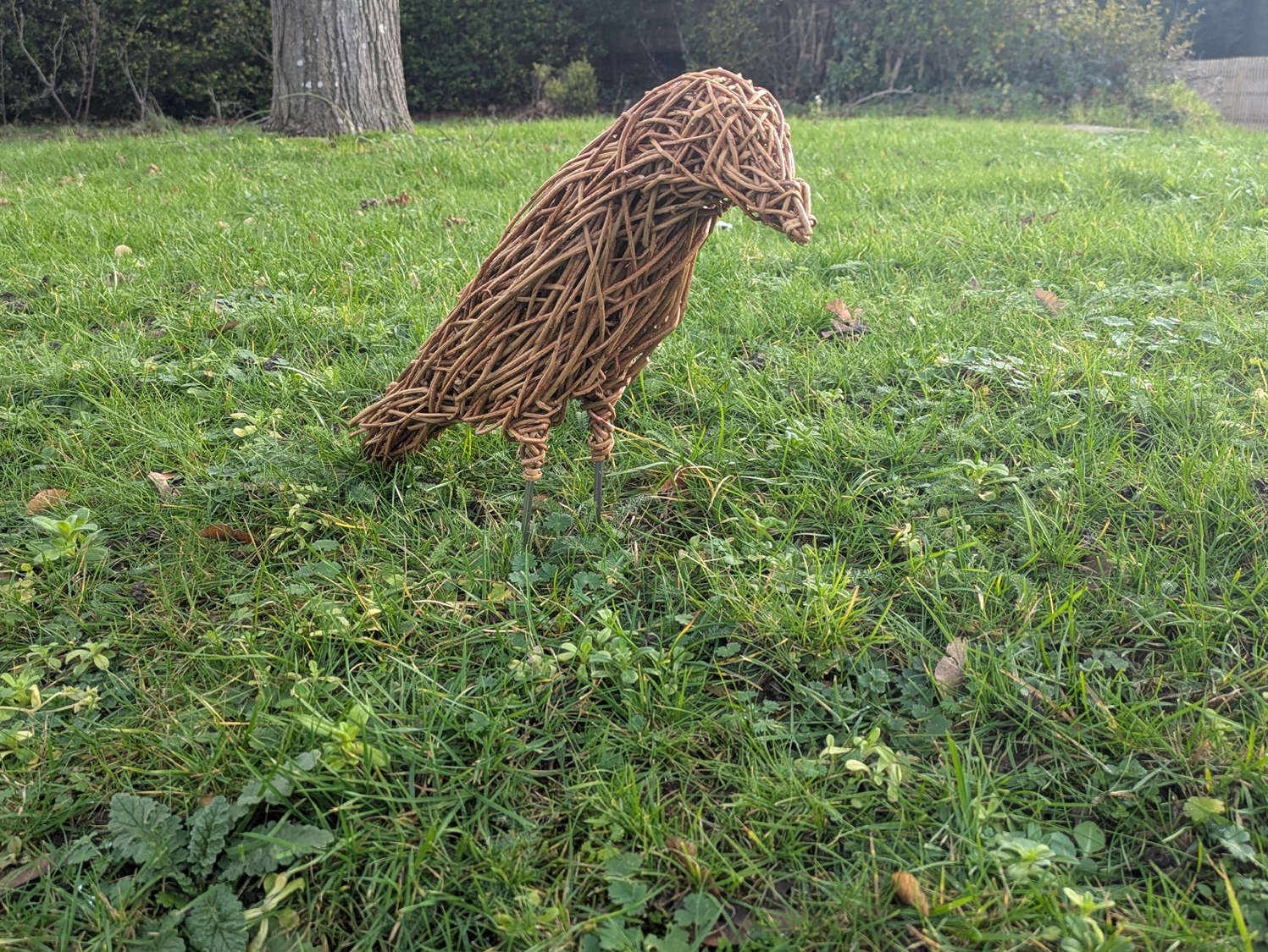 woven willow raven sculpture  made from  brown coloured willow, standing on grass lawn withtree in the background 