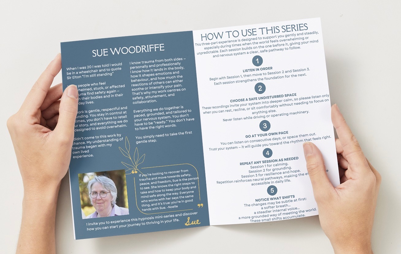 An overheaed shot of a content magazine showing a blue and white double page with hands 