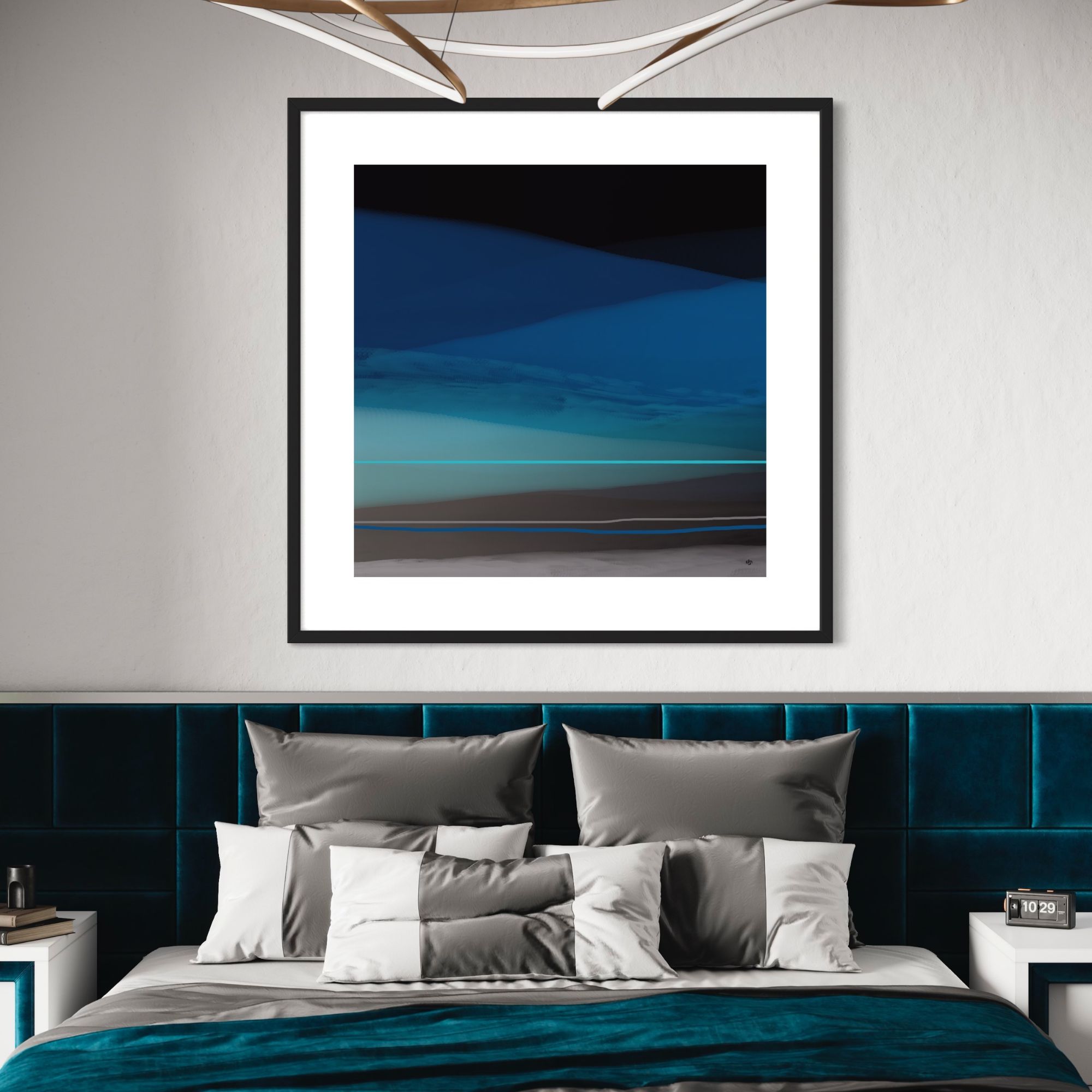 is an enchanting abstract painting that captures the essence of a beach, sea, and sky scene in a mesmerizing symphony of colors and textures. The artwork invites viewers to embark on a visual journey where the boundaries between land, sea, and sky dissolve into a harmonious dance of nature's elements.  The canvas begins with a vivid horizon, where the sea and sky meld into one another in a seamless blend of cool blues and soft pastels. The artist skillfully portrays the ever-changing nature of the sky, with wisps of white and pale pink clouds drifting gently across the heavenly expanse. This portrayal of the sky evokes a sense of tranquility and infinite possibility.  As the gaze moves downward, the view transitions to the vast expanse of the sea. Here, the colors deepen and intensify, ranging from cerulean to deep indigo. The sea is alive with movement, as layers of swirling brushstrokes mimic the ebb and flow of the waves. The painting captures the sea's rhythmic dance, both serene and powerful, as it caresses the shoreline.  Along the lower portion of the canvas emerges the sandy beach, depicted with earthy tones of warm beige and golden ochre. The textures vary, creating a tactile representation of the sandy surface. The artist has masterfully incorporated delicate specks of shimmering gold and silver, resembling scattered seashells and glimmering grains of sand.