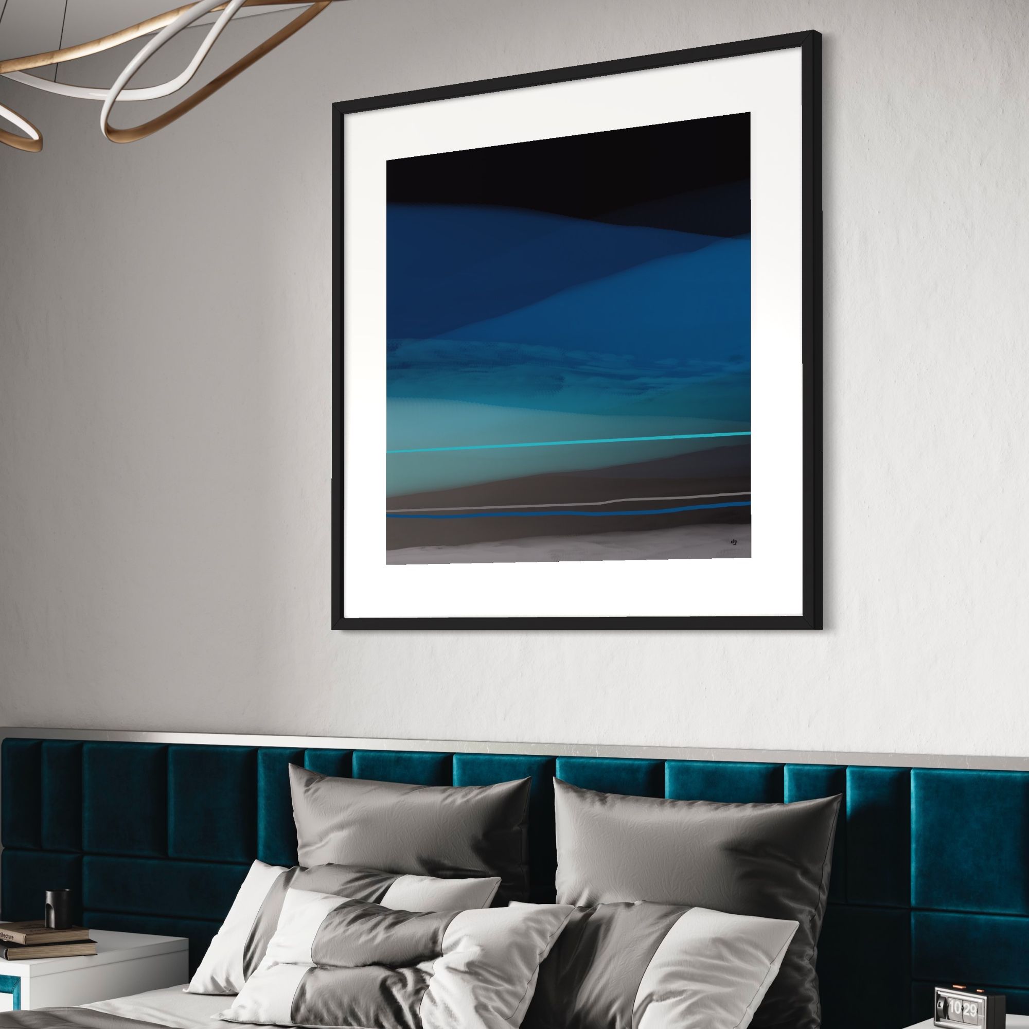 is an enchanting abstract painting that captures the essence of a beach, sea, and sky scene in a mesmerizing symphony of colors and textures. The artwork invites viewers to embark on a visual journey where the boundaries between land, sea, and sky dissolve into a harmonious dance of nature's elements.  The canvas begins with a vivid horizon, where the sea and sky meld into one another in a seamless blend of cool blues and soft pastels. The artist skillfully portrays the ever-changing nature of the sky, with wisps of white and pale pink clouds drifting gently across the heavenly expanse. This portrayal of the sky evokes a sense of tranquility and infinite possibility.  As the gaze moves downward, the view transitions to the vast expanse of the sea. Here, the colors deepen and intensify, ranging from cerulean to deep indigo. The sea is alive with movement, as layers of swirling brushstrokes mimic the ebb and flow of the waves. The painting captures the sea's rhythmic dance, both serene and powerful, as it caresses the shoreline.  Along the lower portion of the canvas emerges the sandy beach, depicted with earthy tones of warm beige and golden ochre. The textures vary, creating a tactile representation of the sandy surface. The artist has masterfully incorporated delicate specks of shimmering gold and silver, resembling scattered seashells and glimmering grains of sand.