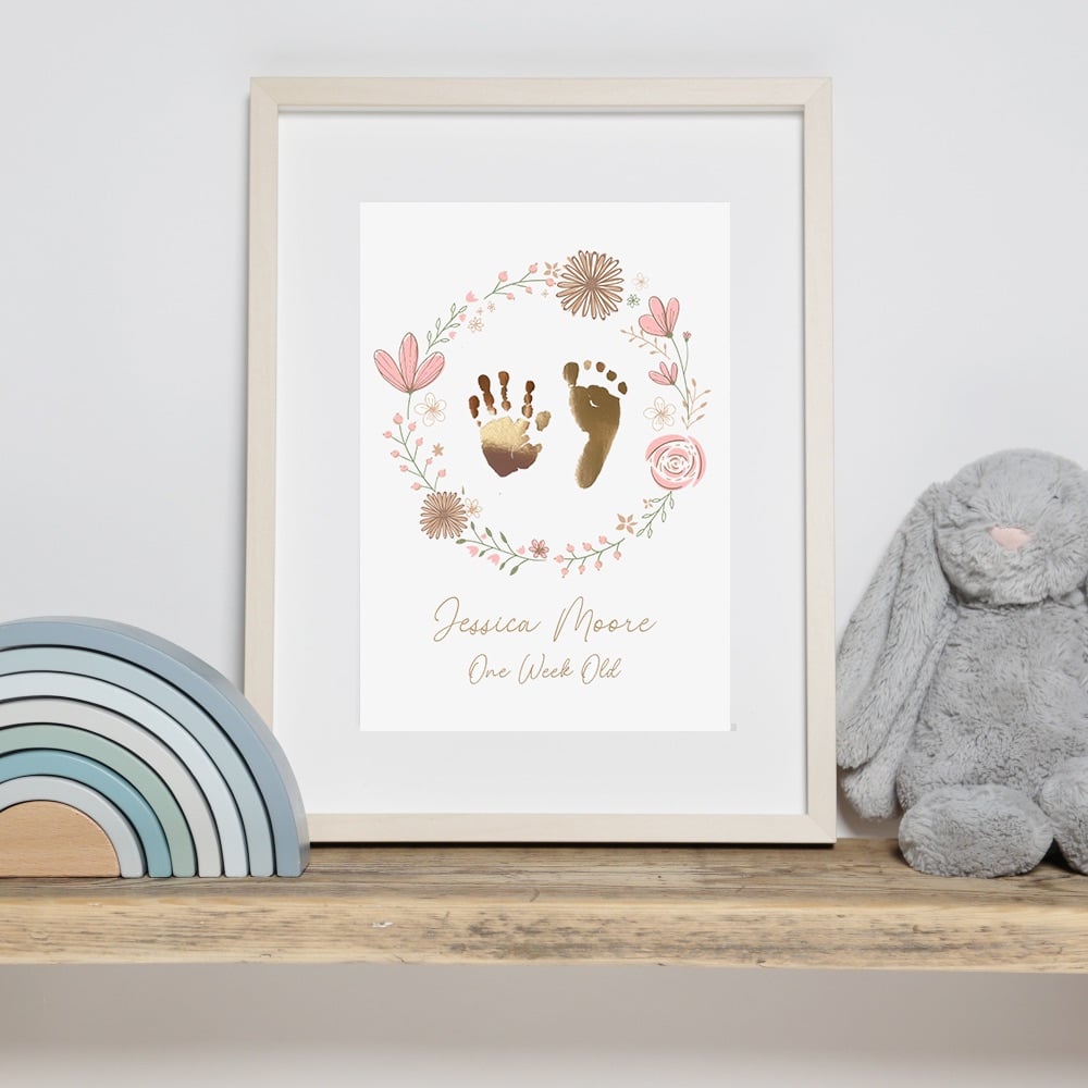 Personalised Flower Wreath Hand And Footprint Foil Print