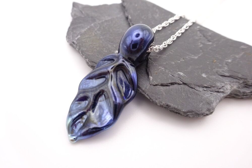 metallic blue leaf pendant - small