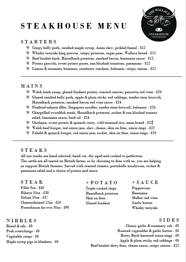 The Wallace Steakhouse Main Menu