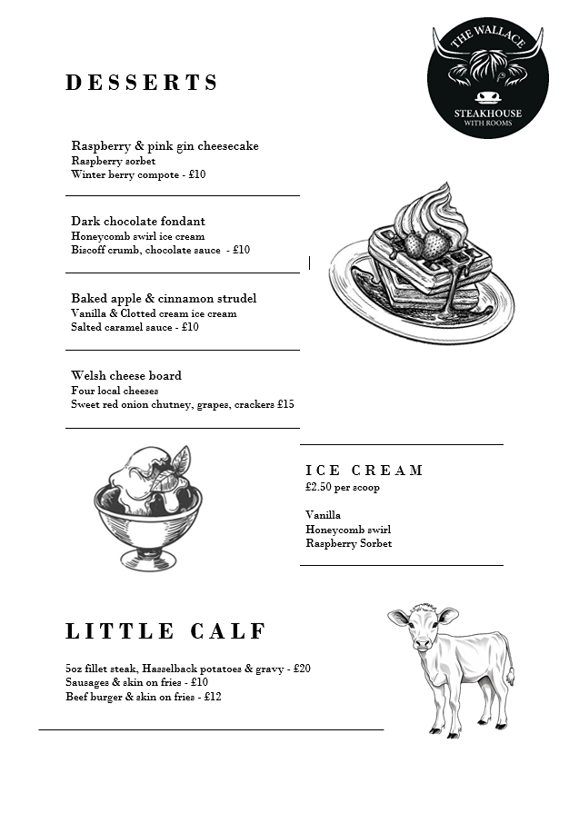 The Wallace Streakhouse Dessert and childrens menu
