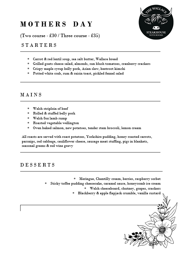 Mothers Day Menu restuarant in Usk