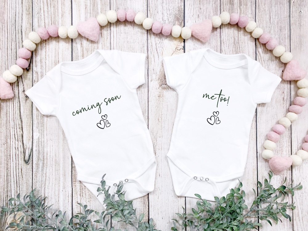 "COMING SOON, ME TOO!" TWIN PREGNANCY ANNOUNCEMENT BABY VESTS