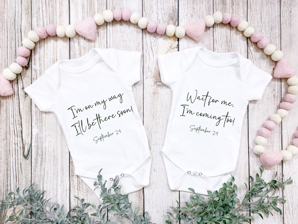 “ON MY WAY, WAIT FOR ME!” TWIN PREGNANCY ANNOUNCEMENT BABY VESTS