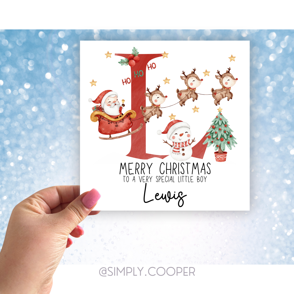RED INITIAL SANTA AND REINDEER CHRISTMAS CARD