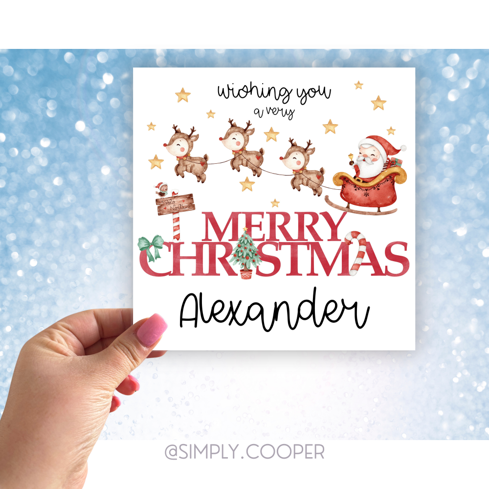 SANTA AND REINDEER PERSONALISED CHRISTMAS CARD (UNISEX)