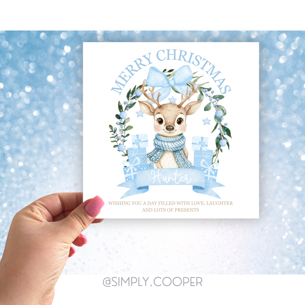 REINDEER WREATH CHRISTMAS CARD BLUE