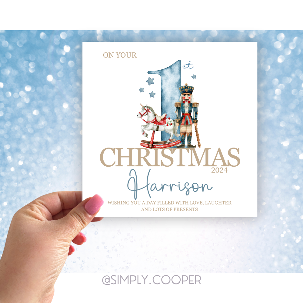 FIRST CHRISTMAS NUTCRACKER PERSONALISED CHRISTMAS CARD BLUE