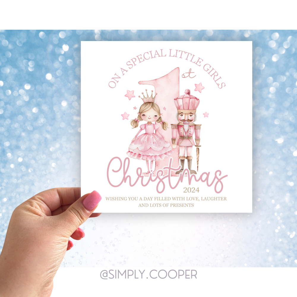 FIRST CHRISTMAS NUTCRACKER PERSONALISED CHRISTMAS CARD PINK