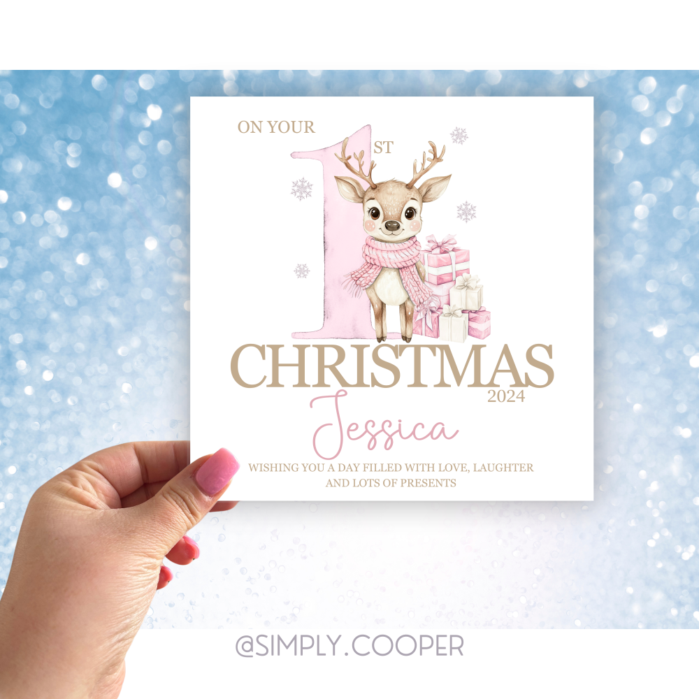 FIRST CHRISTMAS REINDEER PERSONALISED CHRISTMAS CARD PINK