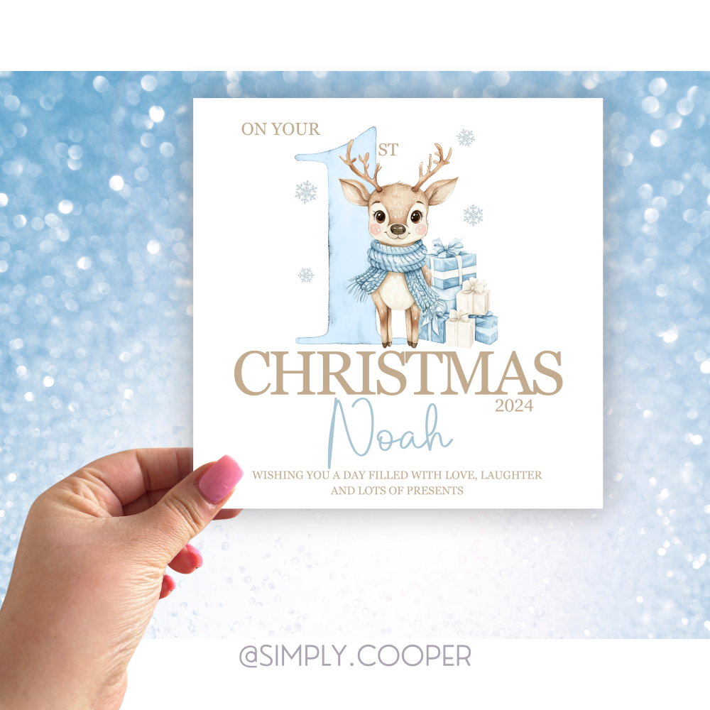 FIRST CHRISTMAS REINDEER PERSONALISED CHRISTMAS CARD BLUE