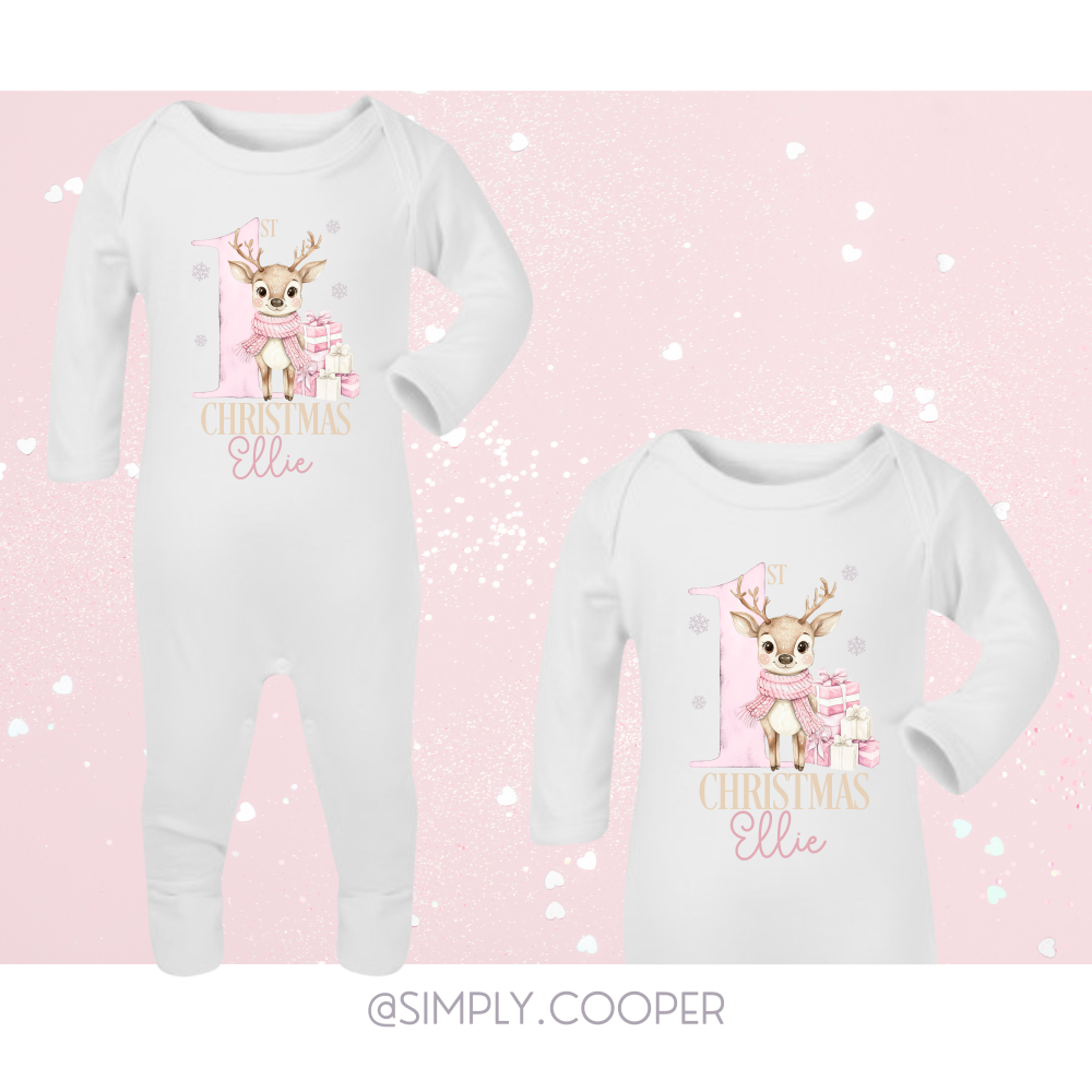 1st Christmas Cute Deer Romper Pink