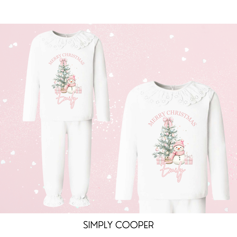 Merry Christmas Snowman Personalised Pyjamas White Frills