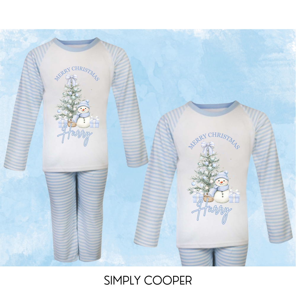 Merry Christmas Snowman Personalised Pyjamas Blue