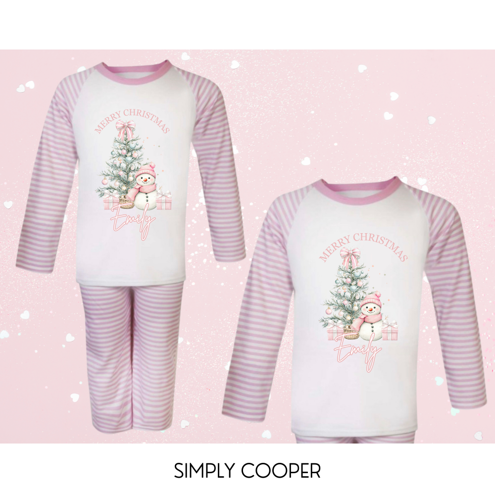 Merry Christmas Snowman Personalised Pyjamas Pink