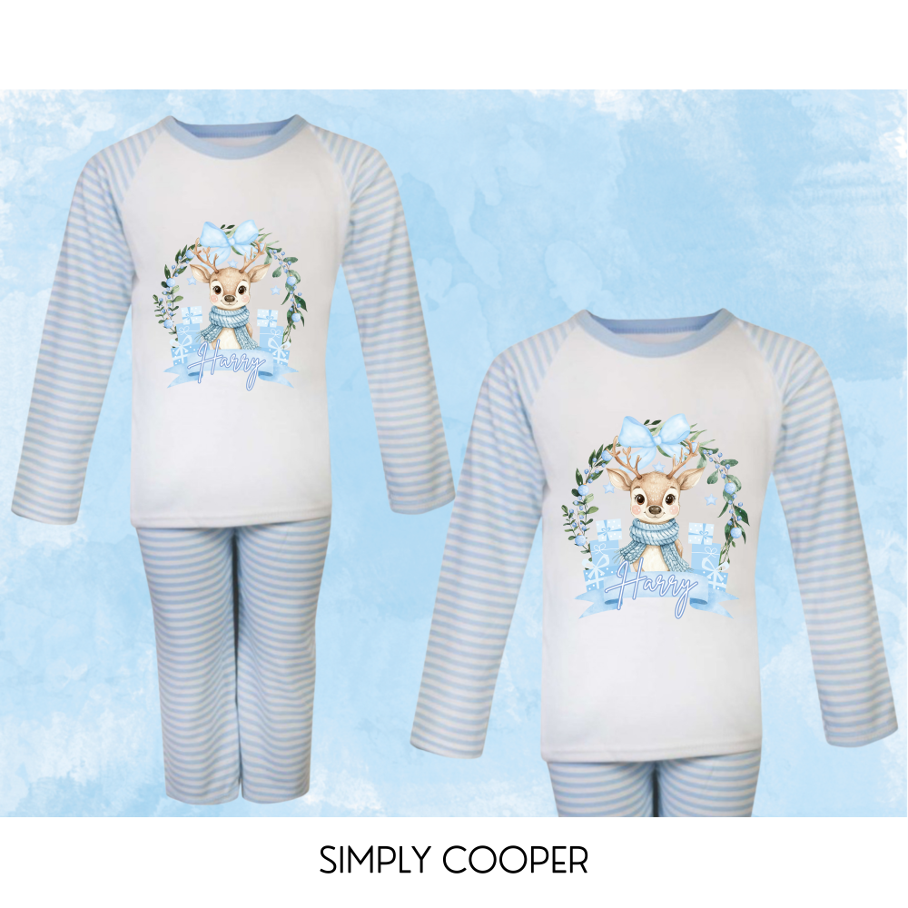Reindeer Wreath Personalised Pyjamas Blue
