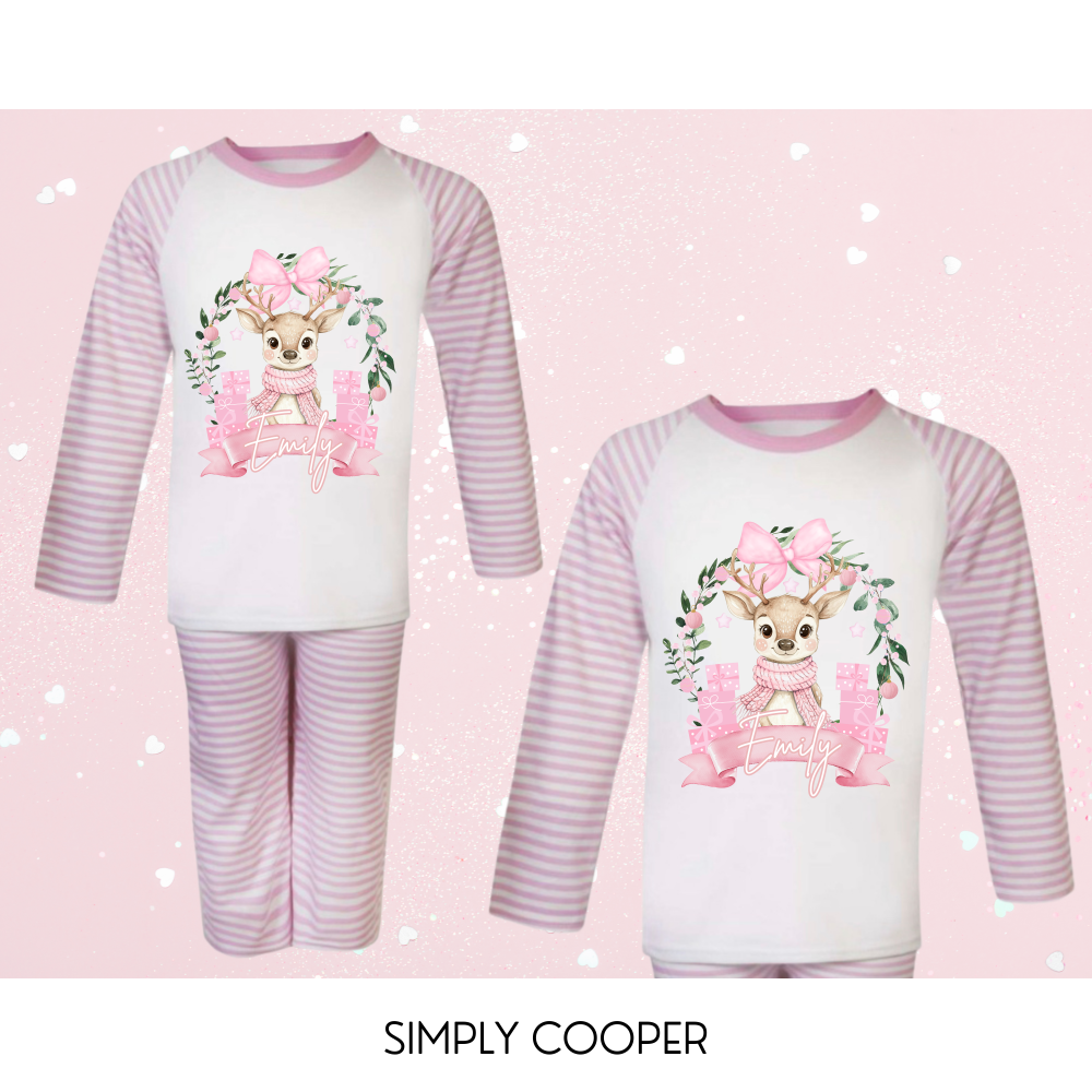 Reindeer Wreath Personalised Pyjamas Pink