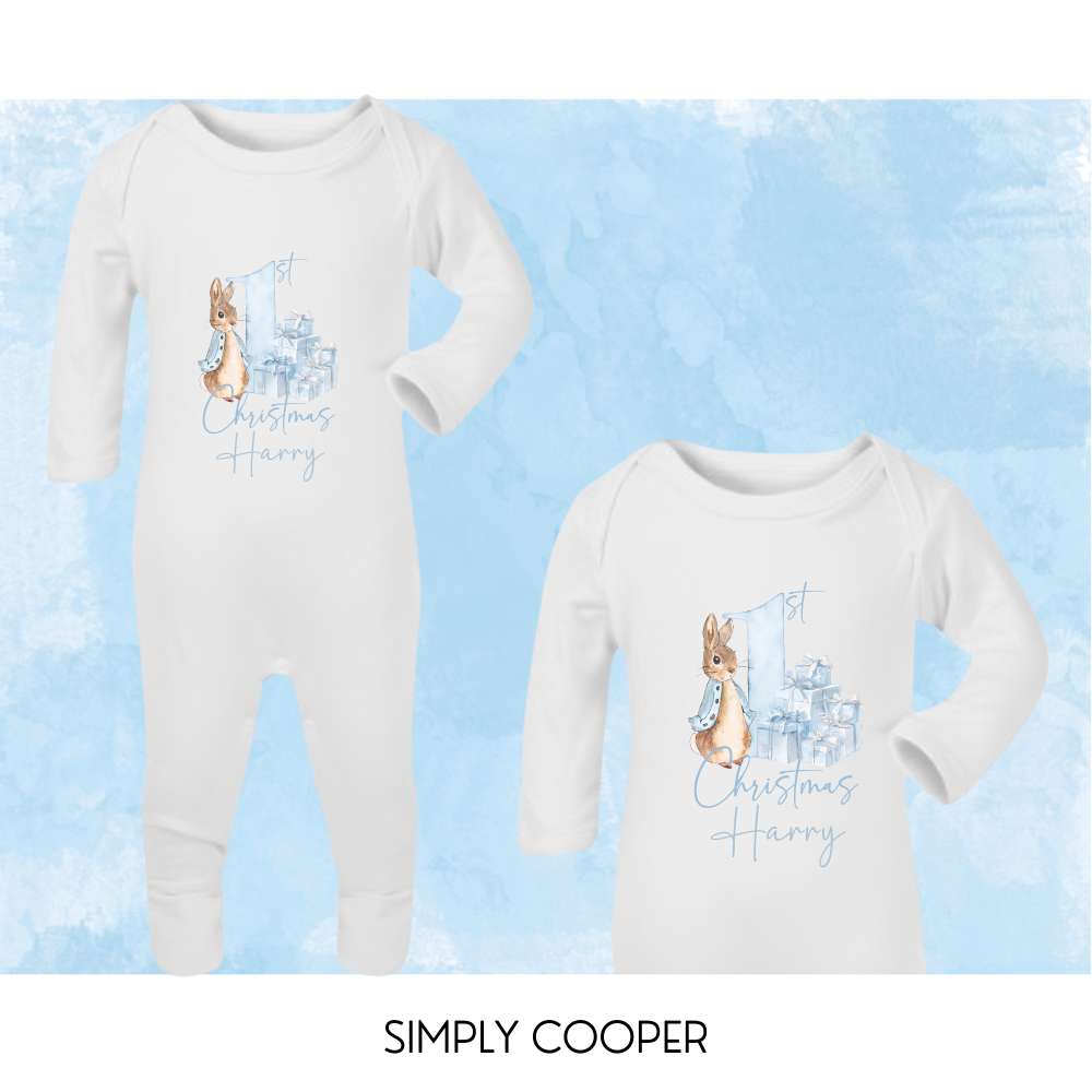 1st Christmas Rabbit Romper Blue