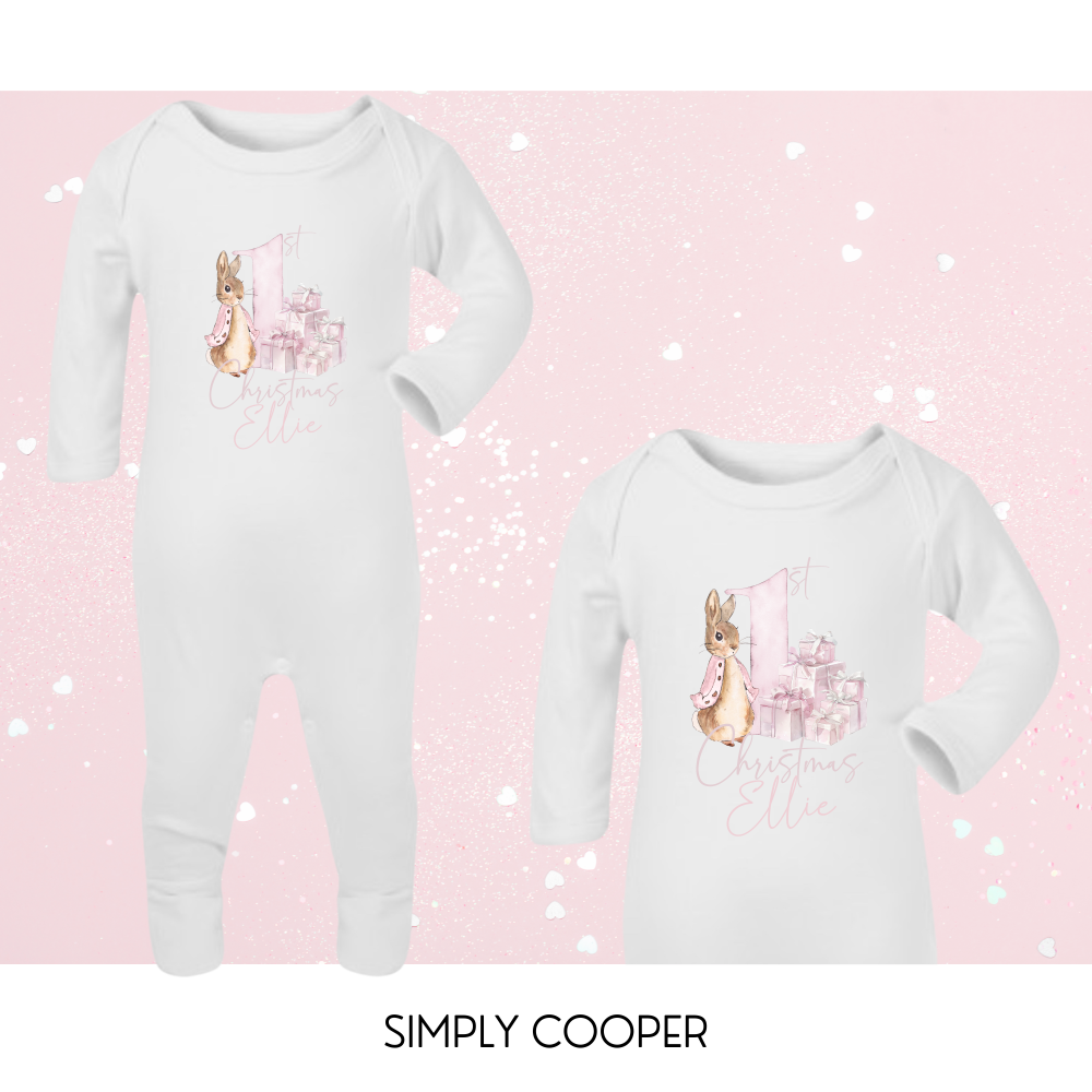 1st Christmas Rabbit Romper Pink