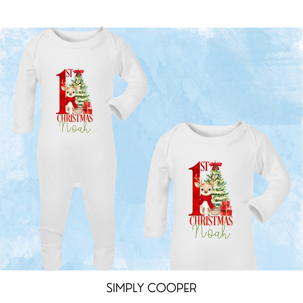 1st Christmas Reindeer Romper Green Name