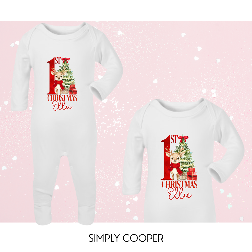1st Christmas Reindeer Romper Red Name